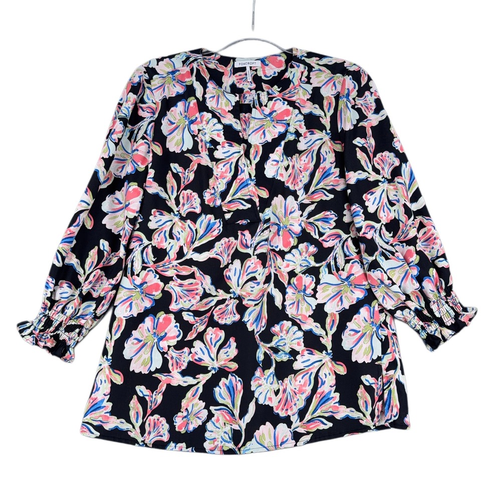 Foxcroft Womens Black Floral Print V Neck 3/4 Sleeve Blouse Top Size Medium‎
